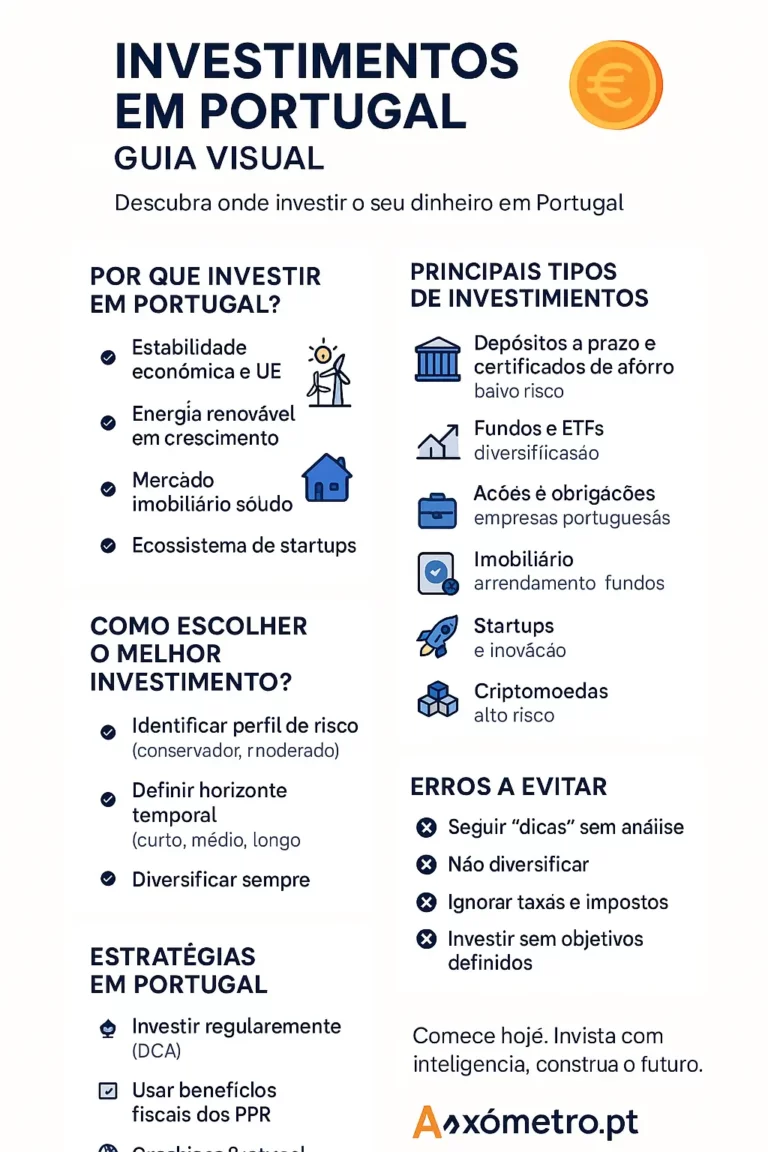 Infográfico “Investimentos em Portugal: Guia Visual” com motivos para investir, tipos de investimento, estratégias, erros a evitar e chamada à ação.