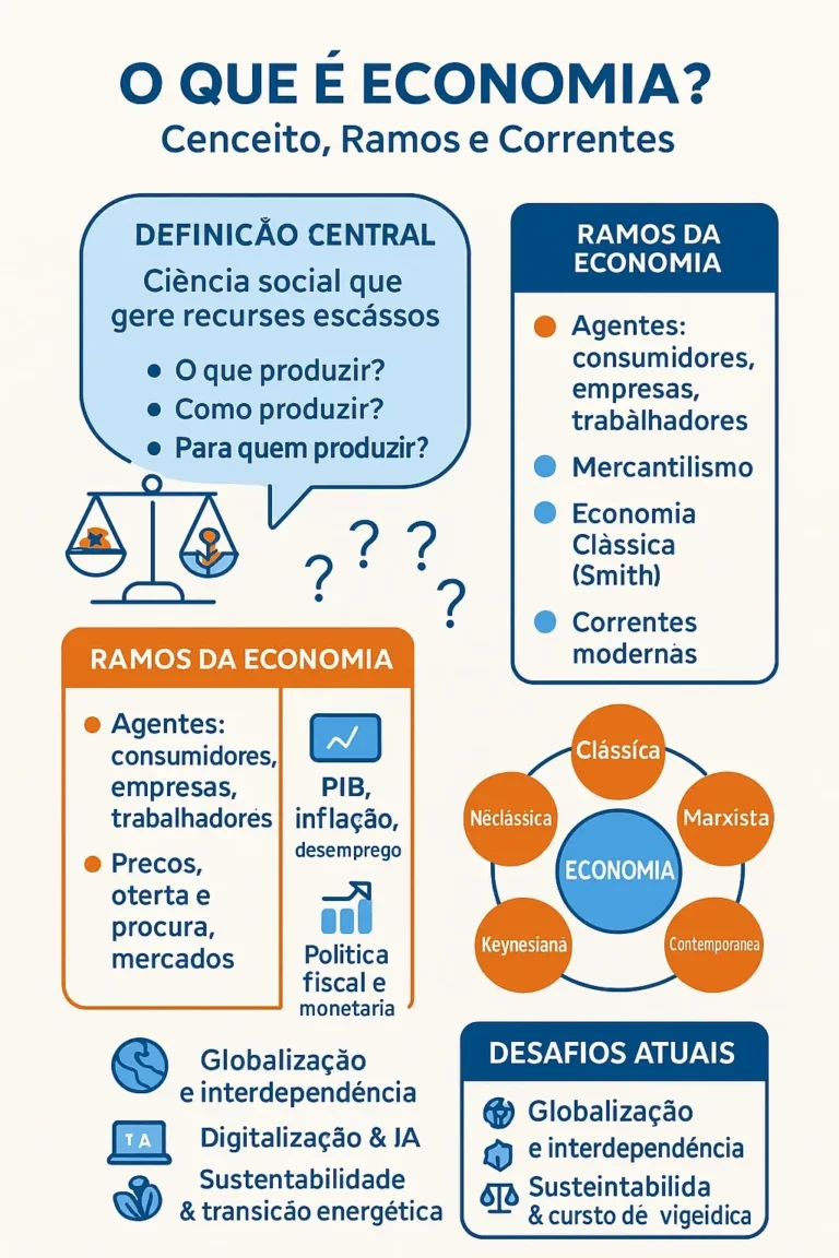 Infográfico ‘O Que é Economia?’ com definição central, ramos (micro e macro), evolução histórica, principais correntes e desafios atuais.