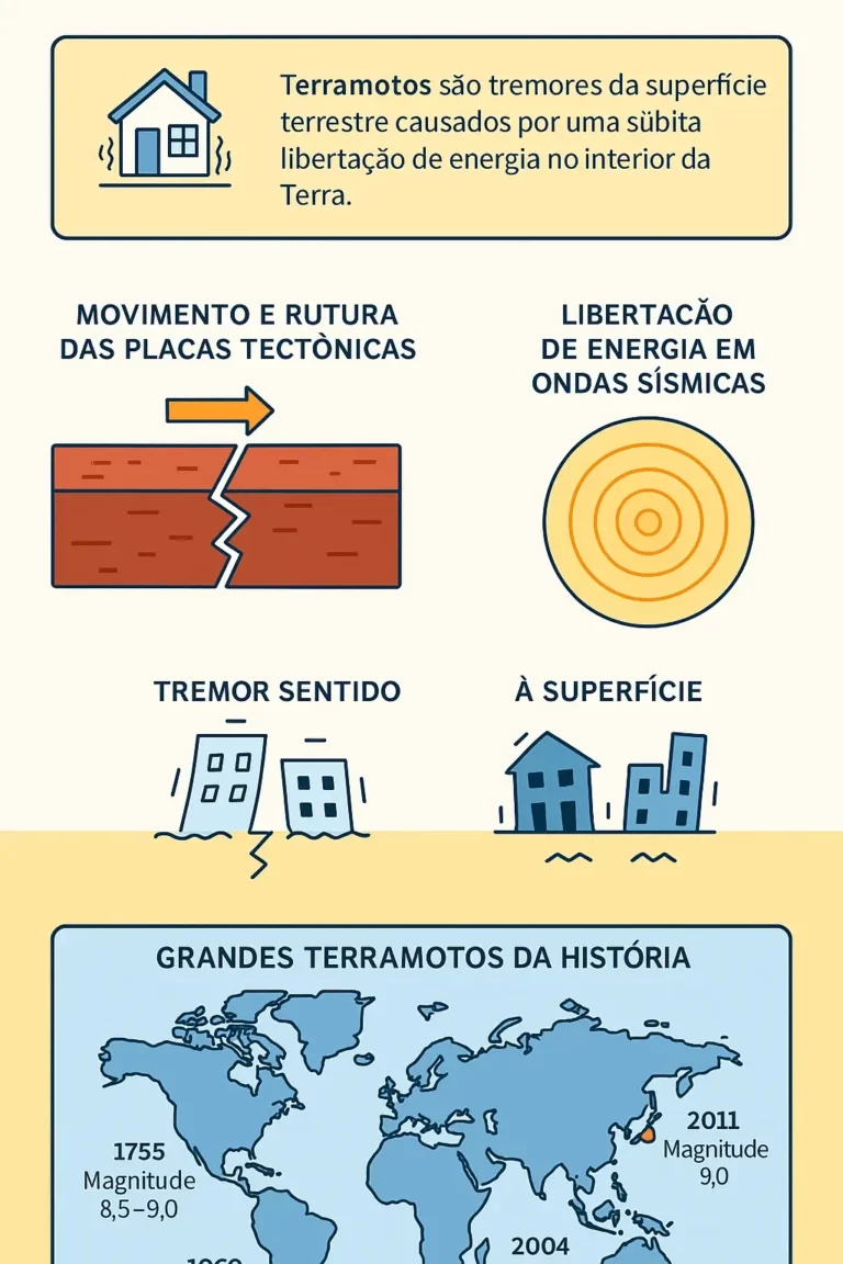 Infográfico em português explicando o que são terramotos, com ilustrações sobre o movimento das placas tectónicas, libertação de energia em ondas sísmicas, efeitos à superfície e um mapa-mundo com exemplos de grandes terramotos da história.