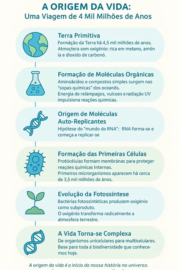 Infográfico ilustrando as etapas da origem da vida, desde a Terra primitiva até à evolução de organismos multicelulares.