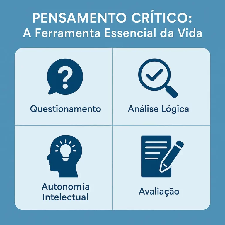 Infográfico com quatro ícones representando os pilares do pensamento crítico: questionamento, análise lógica, autonomia intelectual e avaliação crítica.