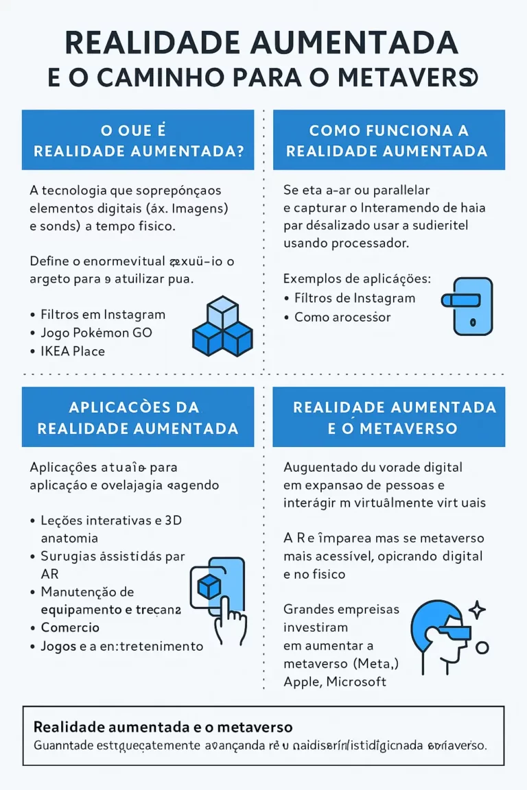 Infográfico ilustrando o conceito de realidade aumentada, com definições, funcionamento, aplicações práticas e relação com o metaverso.