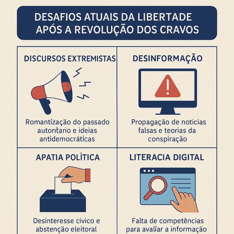 Infográfico sobre a revolução dos cravos com quatro quadrantes representando discursos extremistas, desinformação, apatia política e literacia digital, com ícones visuais simples.