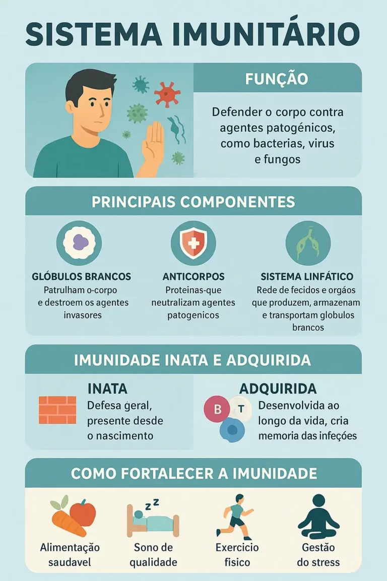 Infográfico educativo em português sobre o sistema imunitário, com ilustrações e explicações das suas funções, principais componentes, tipos de imunidade e formas de a fortalecer.