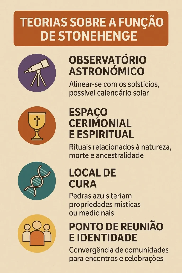 Infográfico vertical com fundo bege e quatro ícones coloridos representando diferentes teorias sobre a função de Stonehenge, com títulos em negrito e textos explicativos em português.