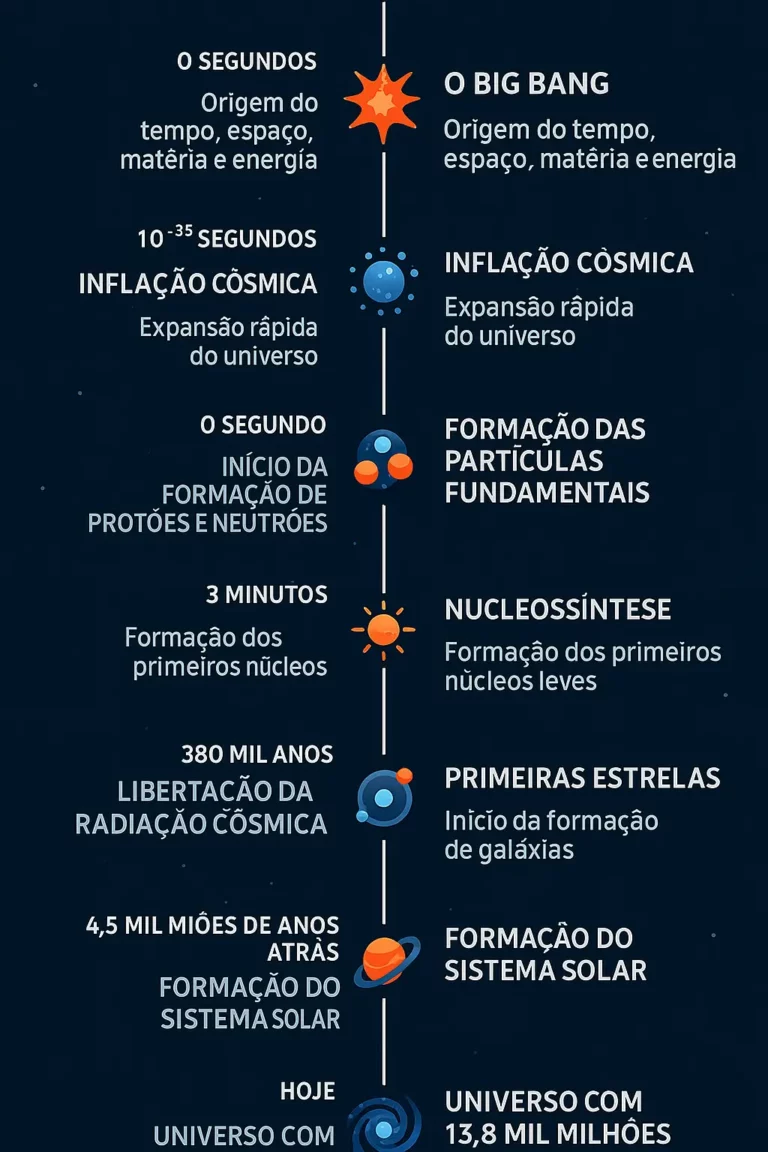 Infográfico em português com a linha do tempo do universo segundo a teoria do Big Bang, mostrando os principais eventos cósmicos desde a origem até hoje.