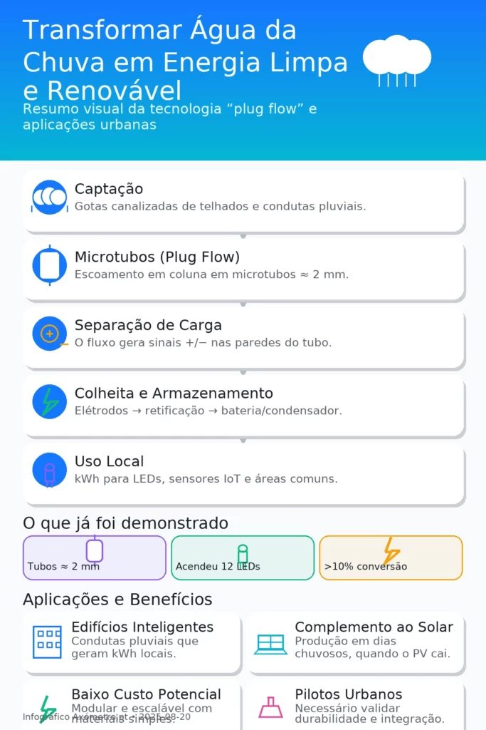 Infogr&aacute;fico colorido que explica como transformar &aacute;gua da chuva em energia limpa e renov&aacute;vel: capta&ccedil;&atilde;o, microtubos (plug flow), separa&ccedil;&atilde;o de carga, colheita e uso local.