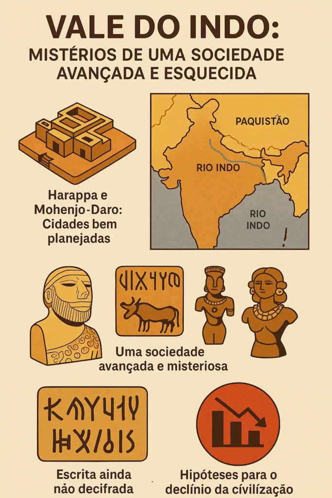 Infográfico sobre a civilização do Vale do Indo com ilustrações de cidades antigas, mapa da região, artefactos arqueológicos, escrita indecifrada e gráfico de declínio.