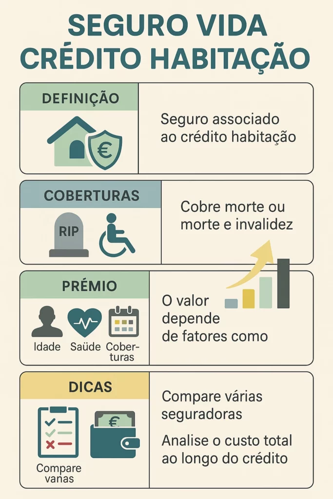 Infográfico ilustrativo sobre Seguro Vida Crédito Habitação com ícones e texto explicativo sobre definição, coberturas, prémio e conselhos úteis para o consumidor.