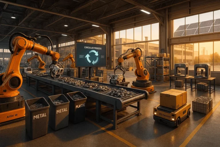 Linha industrial com braços robóticos a separar metais e plásticos, AGVs e 3D printers junto a painéis solares — exemplo de inovação e economia circular.