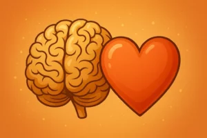 Banner digital com o título “Inteligência Emocional: Dicas para o Sucesso na sua Vida”, acompanhado por um cérebro dourado e um coração laranja-avermelhado, sobre fundo quente.