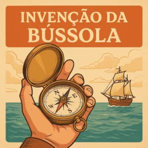 Ilustração vintage de uma mão segurando uma bússola sobre o mar, com um navio à vela ao fundo e o título "Invenção da Bússola" em destaque.
