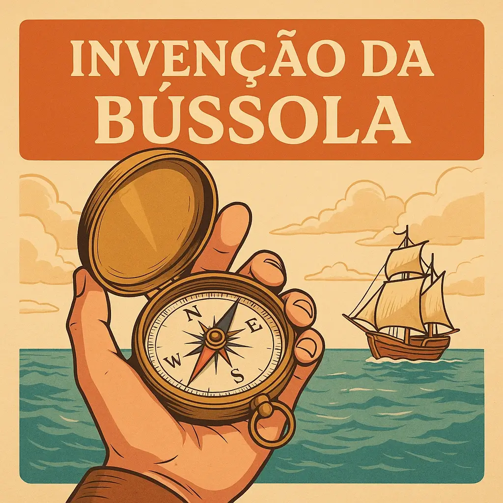 Ilustração vintage de uma mão segurando uma bússola sobre o mar, com um navio à vela ao fundo e o título "Invenção da Bússola" em destaque.