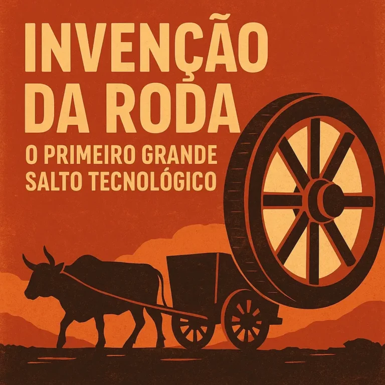 Capa ilustrada sobre a invenção da roda, com uma roda de madeira estilizada, uma carroça puxada por boi e o título em destaque sobre fundo avermelhado.