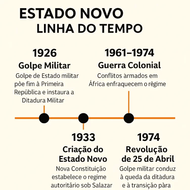 Infográfico em português com o título “Estado Novo – Linha do Tempo”, apresentando eventos-chave entre 1926 e 1974, incluindo o golpe militar, a Constituição de 1933, a criação da PIDE, a Guerra Colonial e a Revolução dos Cravos.