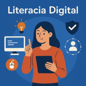 Mulher com tablet rodeada por ícones de literacia digital, como escudo, luz e ecrã, simbolizando competências, segurança e pensamento crítico.