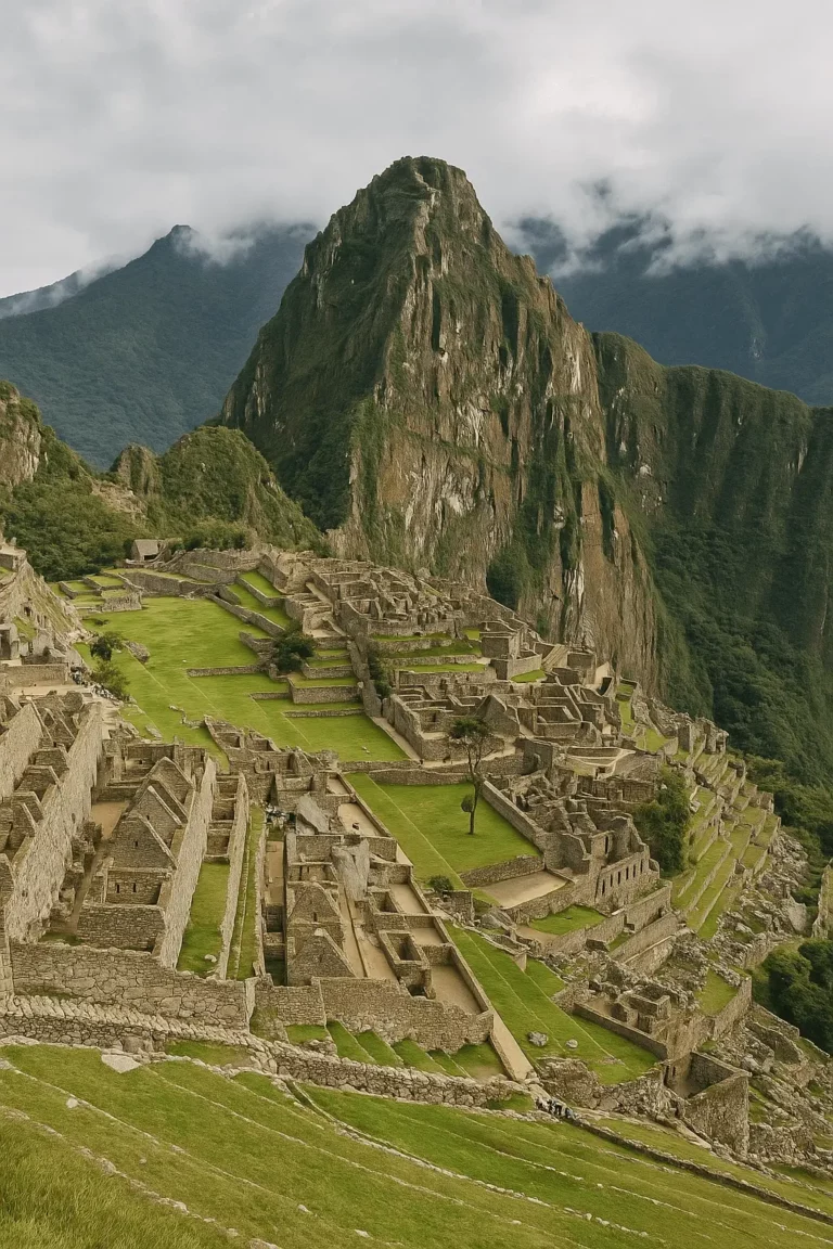 Vista ultra-realista de Machu Picchu com os seus terraços, estruturas de pedra e a montanha Huayna Picchu ao fundo envolta em neblina.