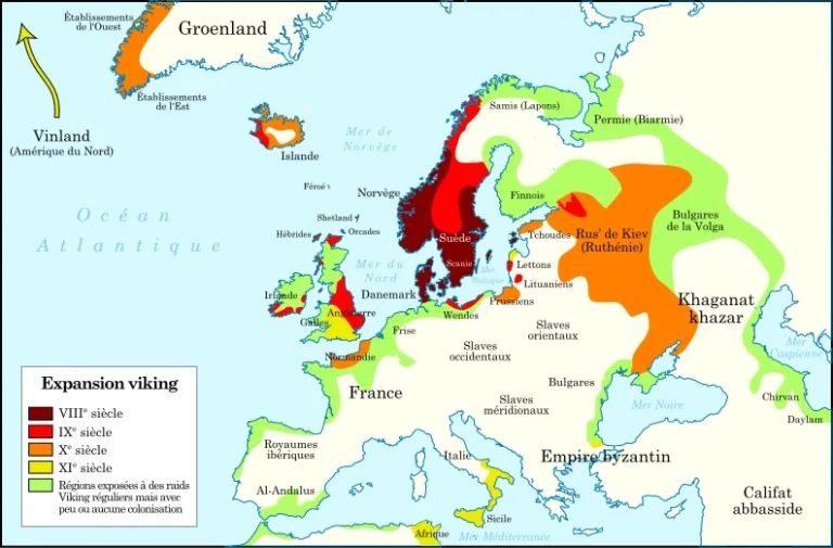 Mapa da expansão viking (sécs. VIII–XI) na Europa e Atlântico Norte, com áreas por século, incluindo Vinland, Islândia, Gronelândia, Ilhas Britânicas, Normandia, Rus de Kiev e proximidade do Império Bizantino.
