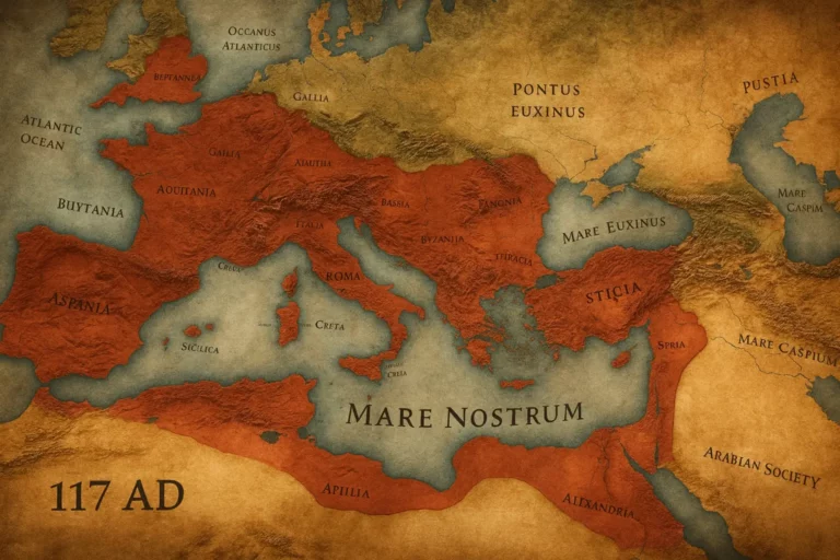Mapa estilo pergaminho do Império Romano em 117 d.C., com o Mediterrâneo (“Mare Nostrum”) ao centro e a extensão máxima do império realçada.