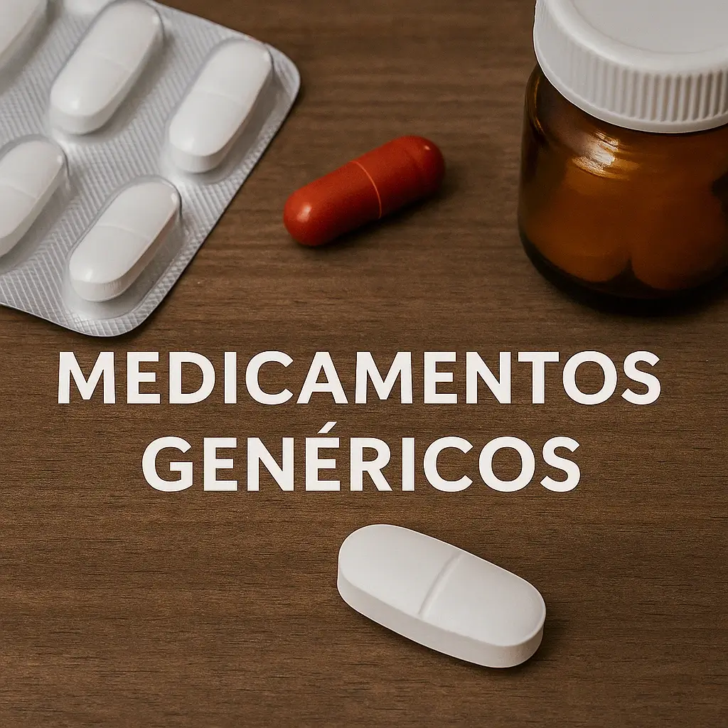 Imagem realista de comprimidos e cápsulas sobre uma superfície de madeira, com um frasco âmbar e a frase "Medicamentos Genéricos" em letras brancas ao centro.