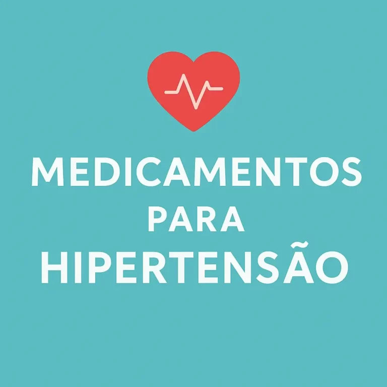 Imagem quadrada com fundo azul-turquesa e ícone de coração vermelho com linha de batimentos, acompanhada da frase “Medicamentos para Hipertensão” centralizada em letras brancas.