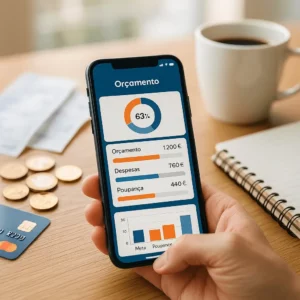 Mão a segurar smartphone com app de finanças pessoais em português (orçamento, despesas, poupança), com moedas e recibos sobre a secretária. capa do artigo: Melhores Apps de Finanças Pessoais