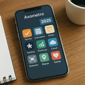 Smartphone sobre secretária de madeira, com ícones de produtividade, calendário, notas, finanças, cloud e 2FA — melhores apps para telemóvel.