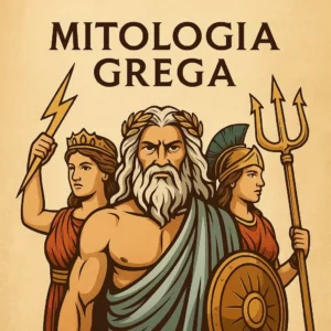Ilustração de Zeus, Hera e Atena com símbolos mitológicos gregos em fundo estilo pergaminho.