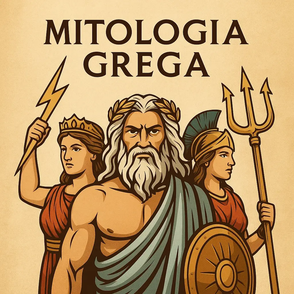 Ilustração de Zeus, Hera e Atena com símbolos mitológicos gregos em fundo estilo pergaminho.