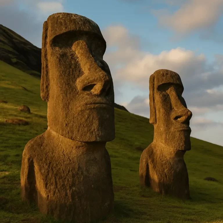 Dois moais da Ilha de Páscoa iluminados pela luz dourada do entardecer sobre colinas verdes.
