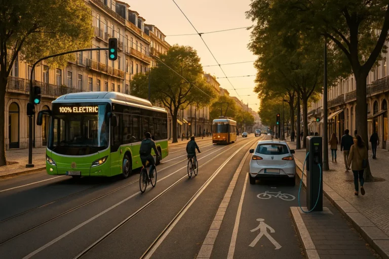 Rua europeia ao nascer do sol com autocarro 100% elétrico, elétrico/tram, ciclistas e carro a carregar — exemplo de mobilidade sustentável numa economia sustentável.