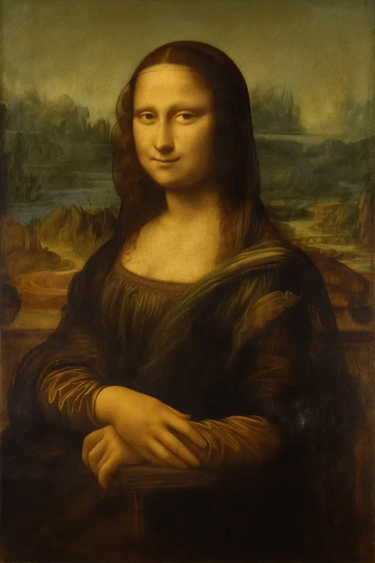 Pintura da Mona Lisa, de Leonardo da Vinci, retratando uma mulher com expressão enigmática sobre uma paisagem atmosférica, ícone absoluto do Renascimento.