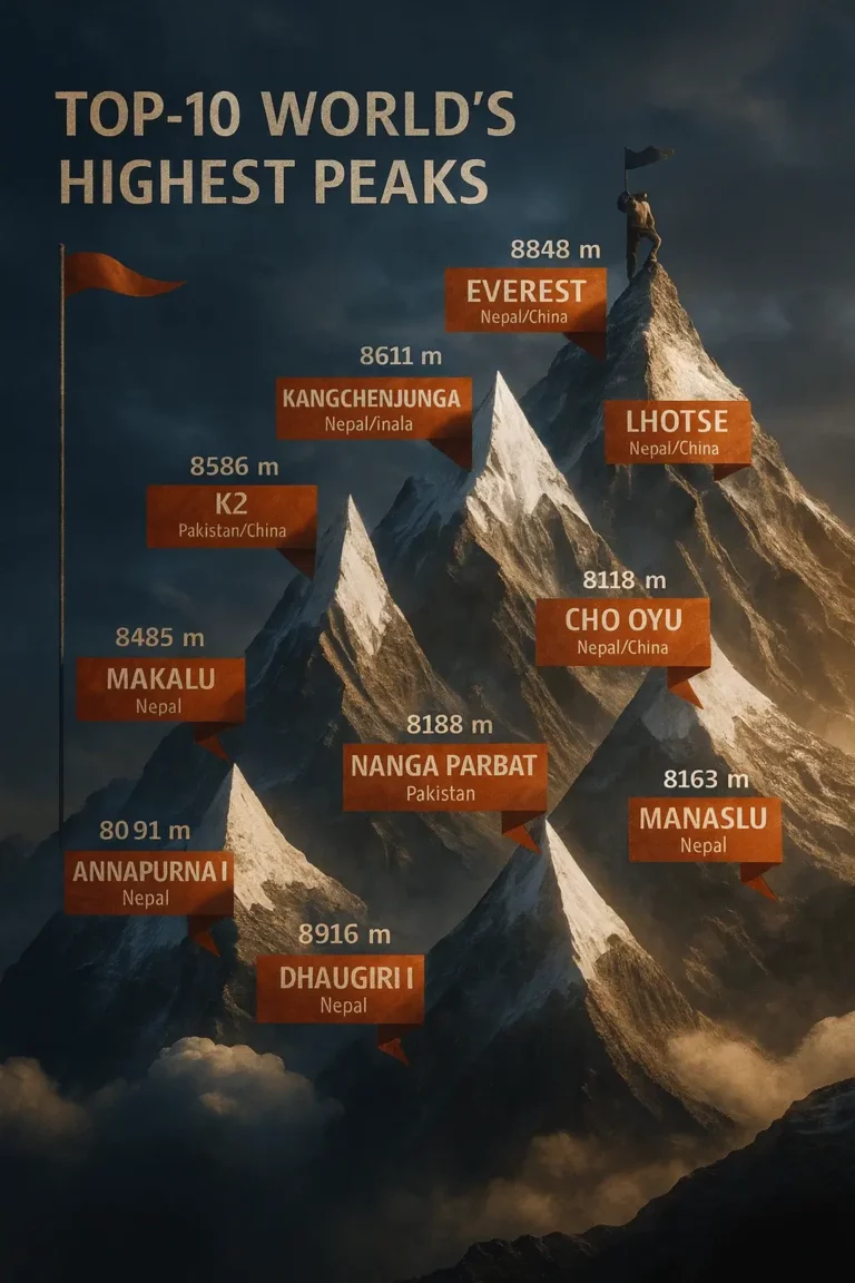 Infográfico ultra realista dos 10 picos mais altos do mundo, com destaque para o Monte Everest e outras montanhas do Himalaia, representados em estilo cinematográfico com etiquetas em vermelho.
