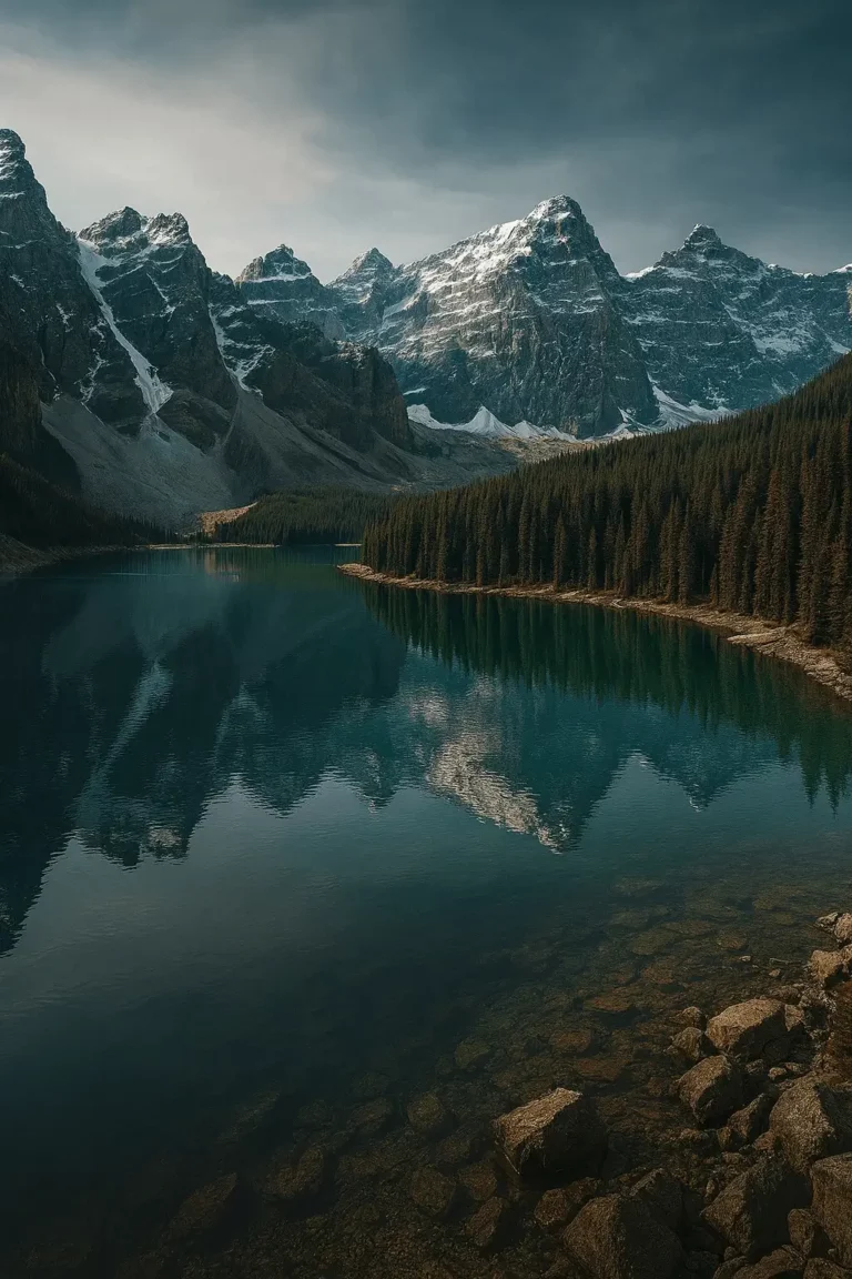 Vista ultra-realista das Montanhas Rochosas com picos nevados refletidos em um lago cristalino rodeado por densas florestas de coníferas.