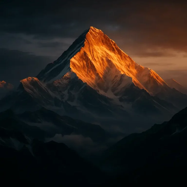 Monte Everest ao amanhecer, iluminado pela luz dourada da alvorada que cobre o pico nevado em estilo ultra realista e cinematográfico.