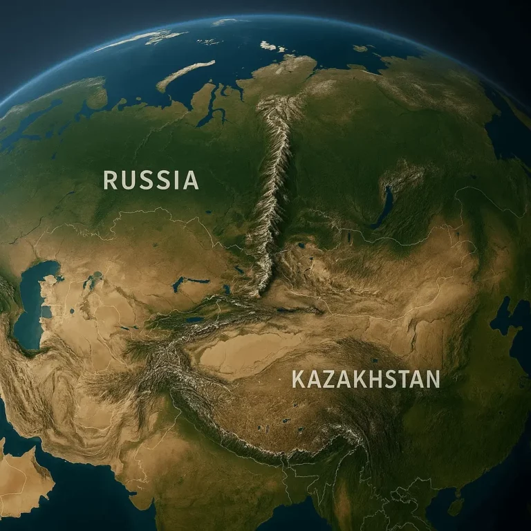 Imagem de satélite ultra-realista dos Montes Urais vista do espaço, destacando a cordilheira que separa a Europa da Ásia, com os países vizinhos identificados.