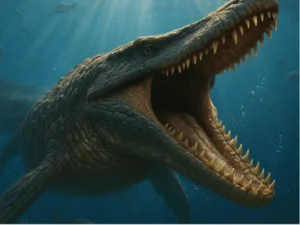 Mosassauro fotorrealista de boca aberta a nadar perto da superfície, raios de sol a atravessar a água, escamas texturadas e peixes ao redor.