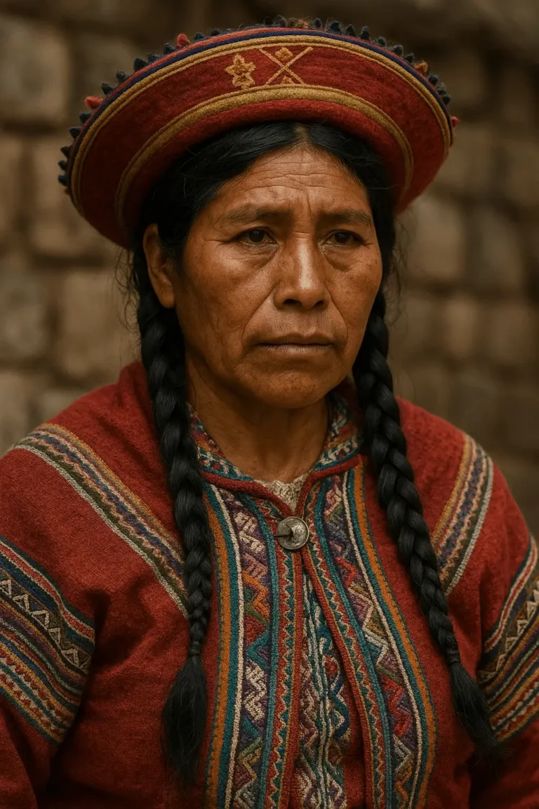 Retrato ultra-realista de uma mulher inca com tranças, vestida com poncho vermelho e chapéu tradicional andino, junto a uma parede de pedra.