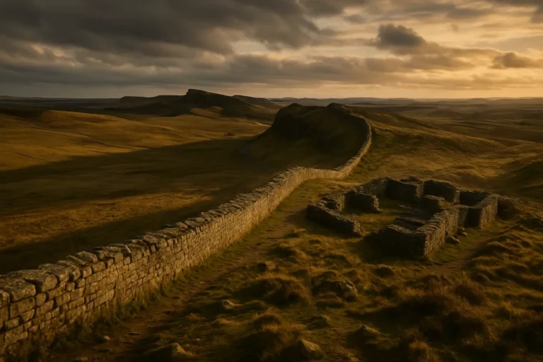 Muralha de Adriano ao pôr do sol, serpenteando pelas colinas do norte de Inglaterra com ruínas de um milecastle — fronteira do Império Romano na Britânia.