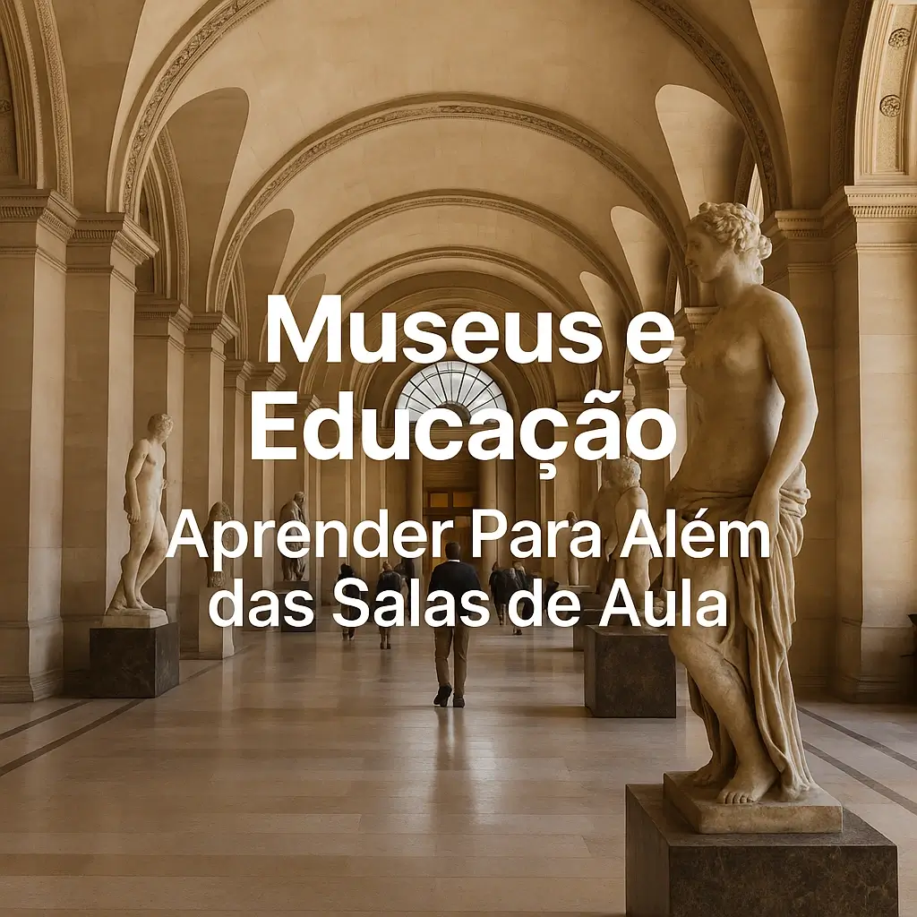 Hall de um museu clássico com estátuas e visitantes, com texto sobreposto: Museus e Educação – Aprender Para Além das Salas de Aula”.
