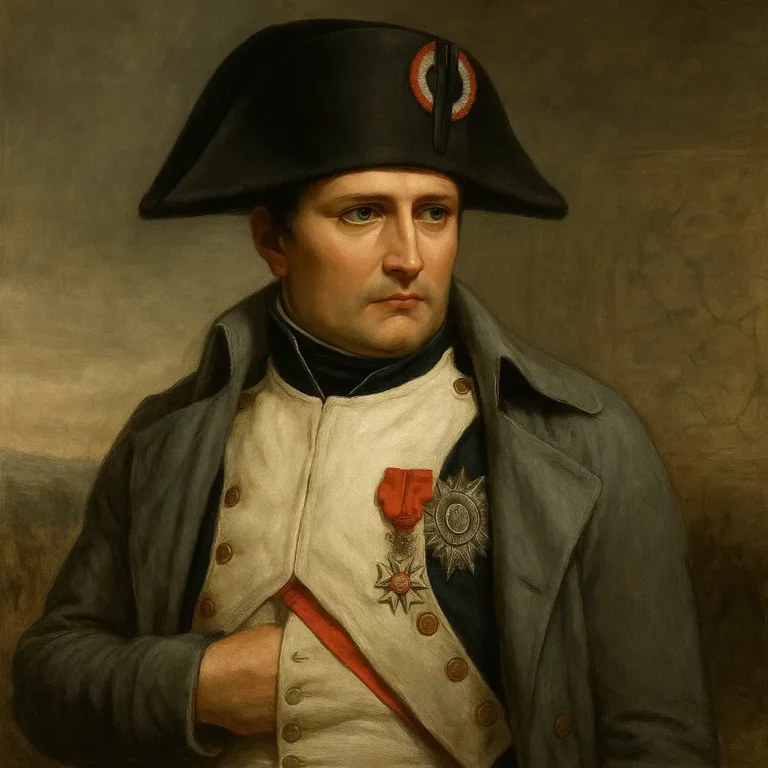 Napoleão Bonaparte em farda imperial, bicorne e condecorações, retrato histórico realista de três-quartos.