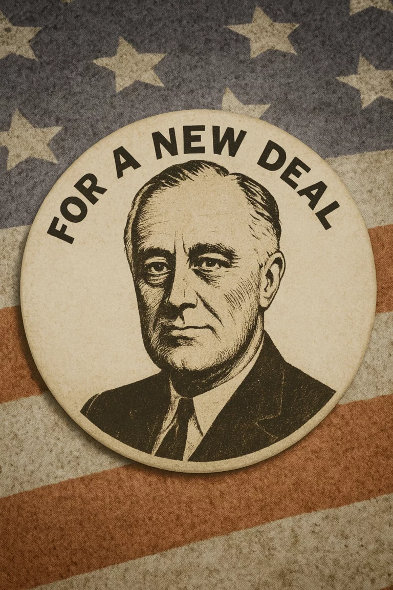 Emblema de campanha de Franklin D. Roosevelt com o slogan “For a New Deal”, símbolo das políticas criadas para superar a Crise de 1929.