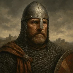 Guerreiro normando com armadura medieval e elmo cónico, símbolo da conquista normanda da Europa na Idade Média