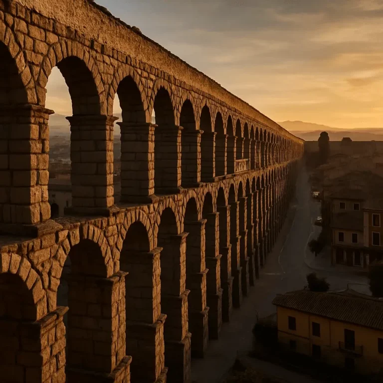 Aqueduto romano ao pôr do sol, arcos de pedra alinhados sobre uma cidade — engenharia hidráulica do Império Romano.