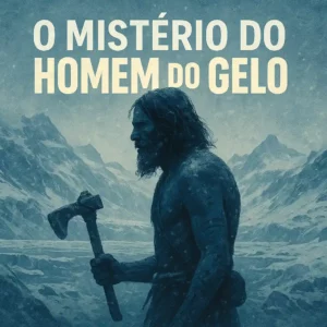 Ilustração de Ötzi, o homem do gelo, segurando uma ferramenta de pedra nas montanhas geladas dos Alpes, com o título “O Mistério do Homem do Gelo”.