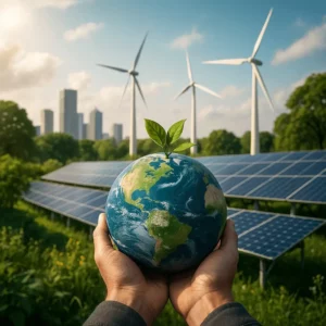 Mãos seguram um globo com um rebento verde diante de painéis solares e turbinas eólicas, com cidade ao fundo — símbolo de economia sustentável.