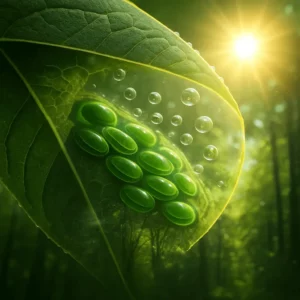 Folha verde iluminada pelo sol com cloroplastos e bolhas de oxigénio em detalhe ultra-realista, ilustrando o que é a fotossíntese.