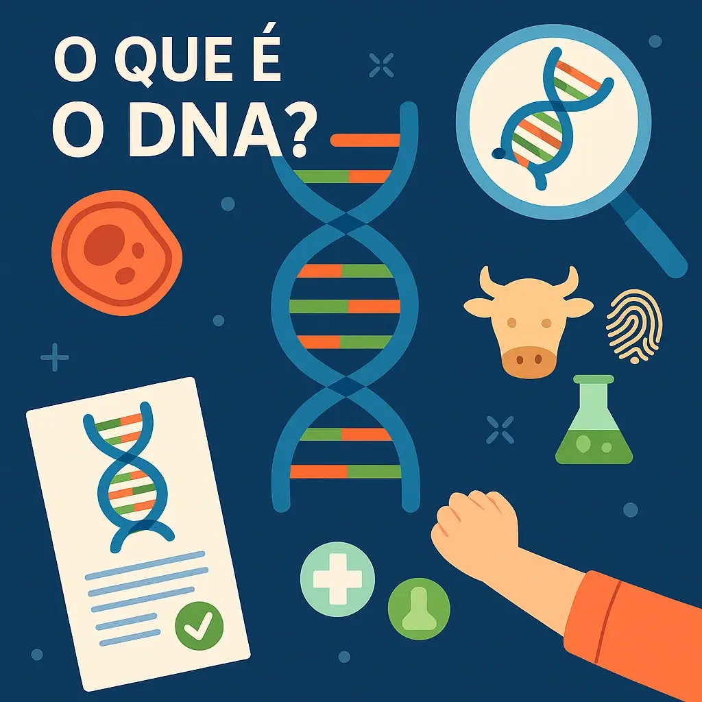 Ilustração digital quadrada mostra uma dupla hélice de DNA ao centro, rodeada por ícones científicos como célula, lupa, impressão digital, tubo de ensaio e teste genético.