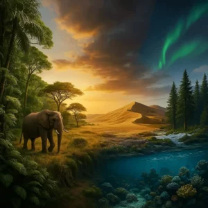 Imagem 1:1 ultra realista que ilustra o que é um bioma — floresta tropical, savana, deserto, tundra e recife de coral num único panorama.