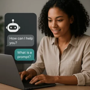 Mulher a usar um computador portátil enquanto interage com um chatbot de inteligência artificial, com balões de diálogo mostrando a pergunta “O que é um prompt?”.